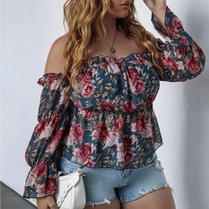 Plus Floral Print Off Shoulder Flounce Sleeve Blouse